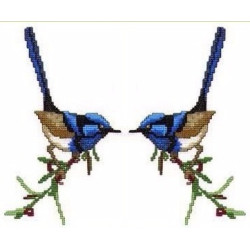 Two blue fairy wrens in cross stitch chart or kit